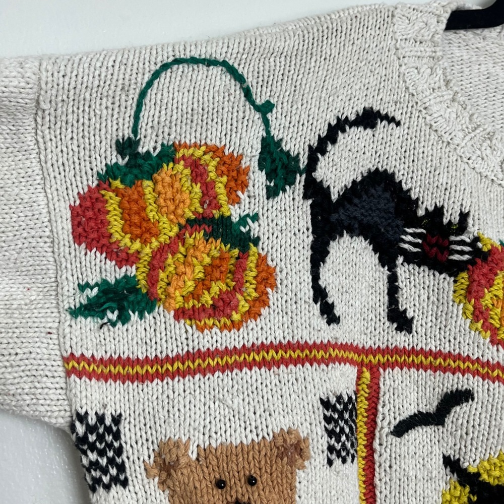 Vintage 90s Halloween Black Cats Pumpkins Witch Owl Chunky‎ Sweater Womens L - Picture 8 of 12